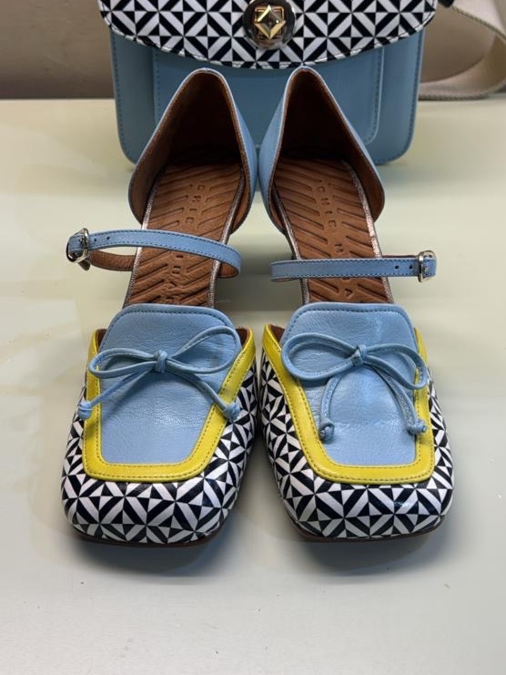Chie Mihara Blue & Yellow Geometric Mary Jane heeled mules